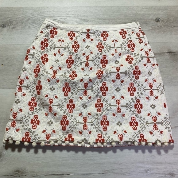 Maeve Anthropologie Cross Stitch Pom Pom Blommel Skirt, Ivory/Gray/Red, Sz 4 - Picture 1 of 13